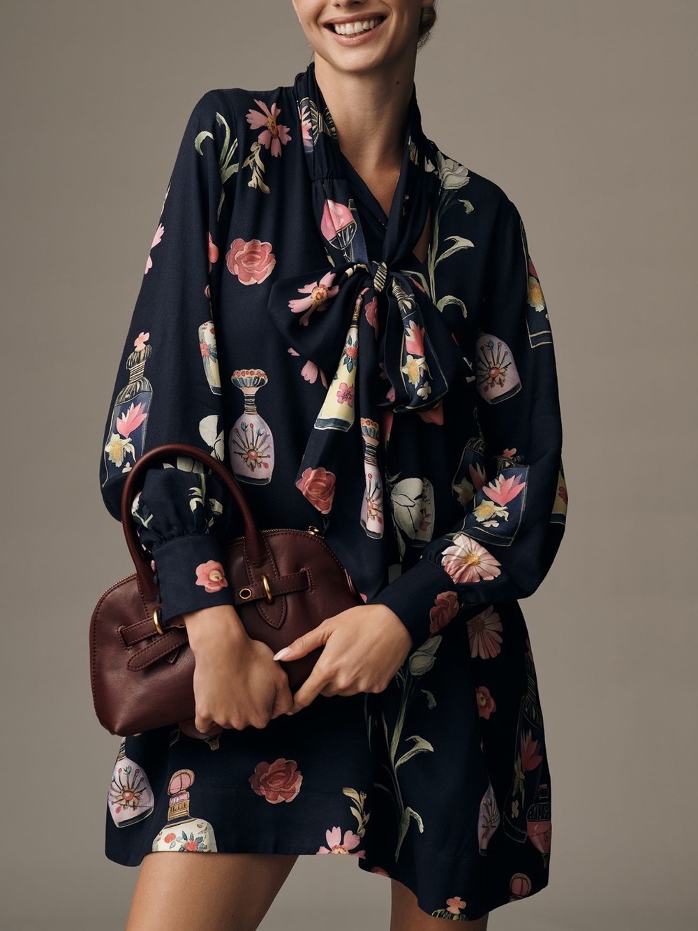 Maeve - The Caroline Long-Sleeve Tie-Neck Mini Dress